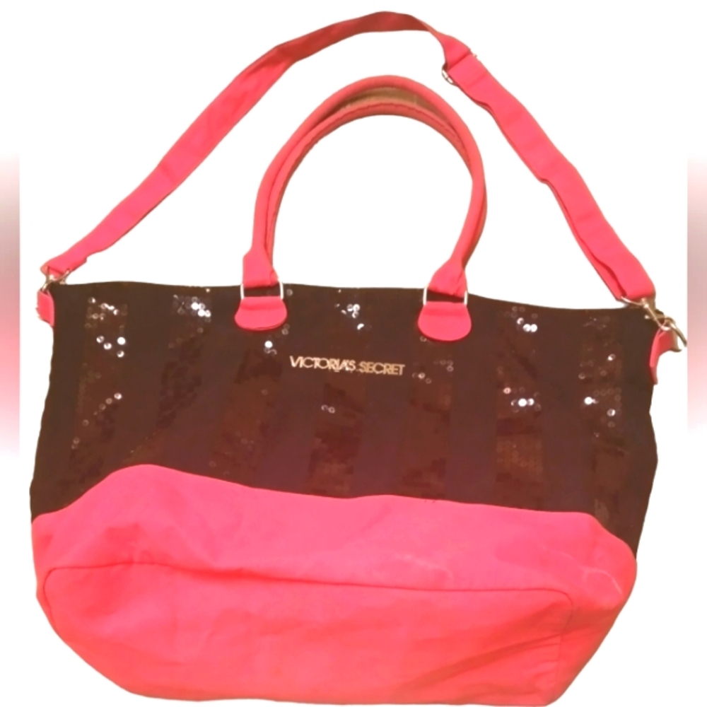 Victoria's Secret Canvas Tote Bag in Black and Dark Pink Stripes Black Sequins.